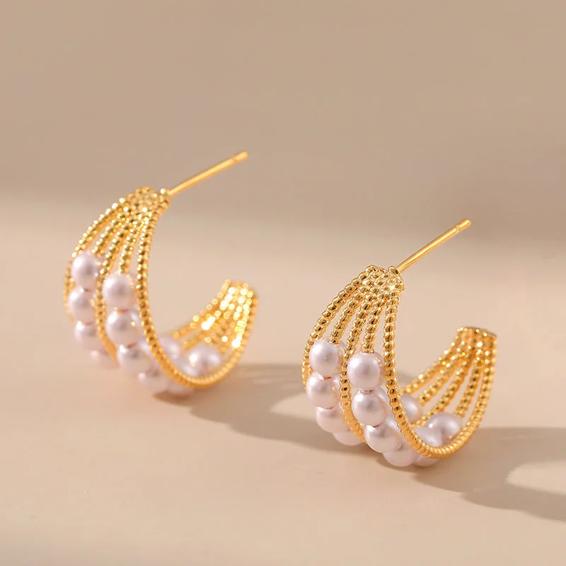 women luxury diamond earrings -Gold Beaded Hoop Earrings with Pearl -jlt11842