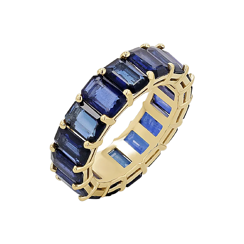 women boho rings -Genuine Blue Sapphire Emerald Cut Eternity Ring