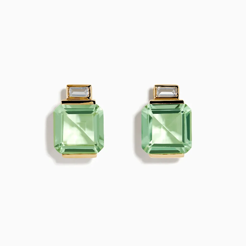 women pearl drop earrings -14K Yellow Gold Green Amethyst and White Topaz Earrings