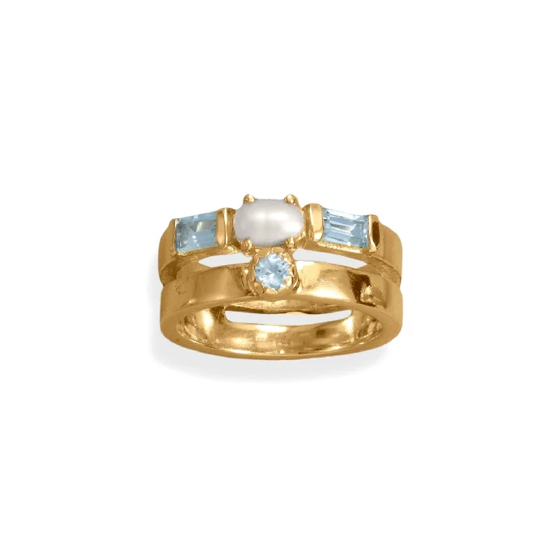 women eternity rings -Stacked Blue Topaz Ring with Culture Freshwater Pearl 14k Gold-Plated Sterling Silver