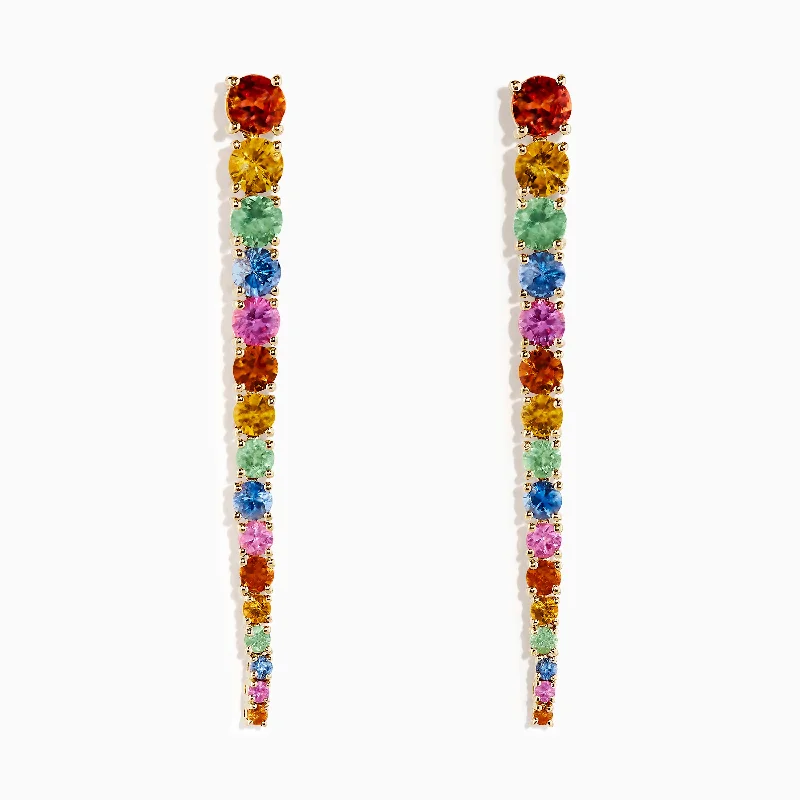 women minimalistic stud earrings -14K Yellow Gold Multi Sapphire Linear Drop Earrings