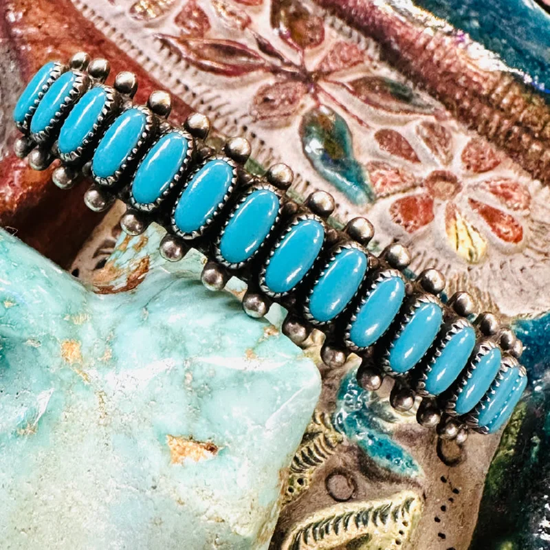 women silver plated bracelets -Vintage Navajo Sterling Silver Turquoise Row Cuff Bracelet