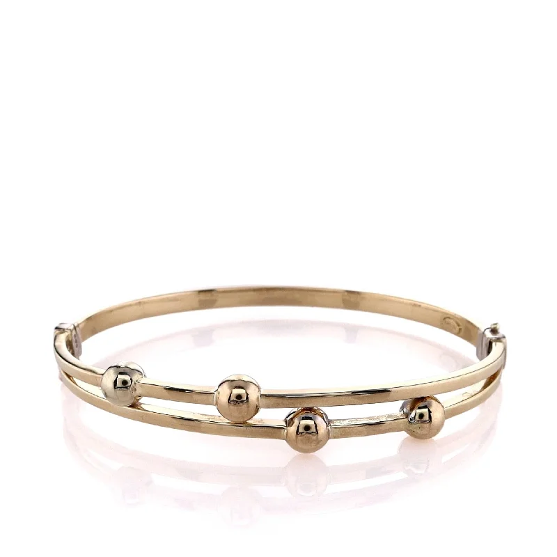 women stackable bangles -Estate 14k Yellow Gold Double Bar Top Beaded Design Bangle Bracelet