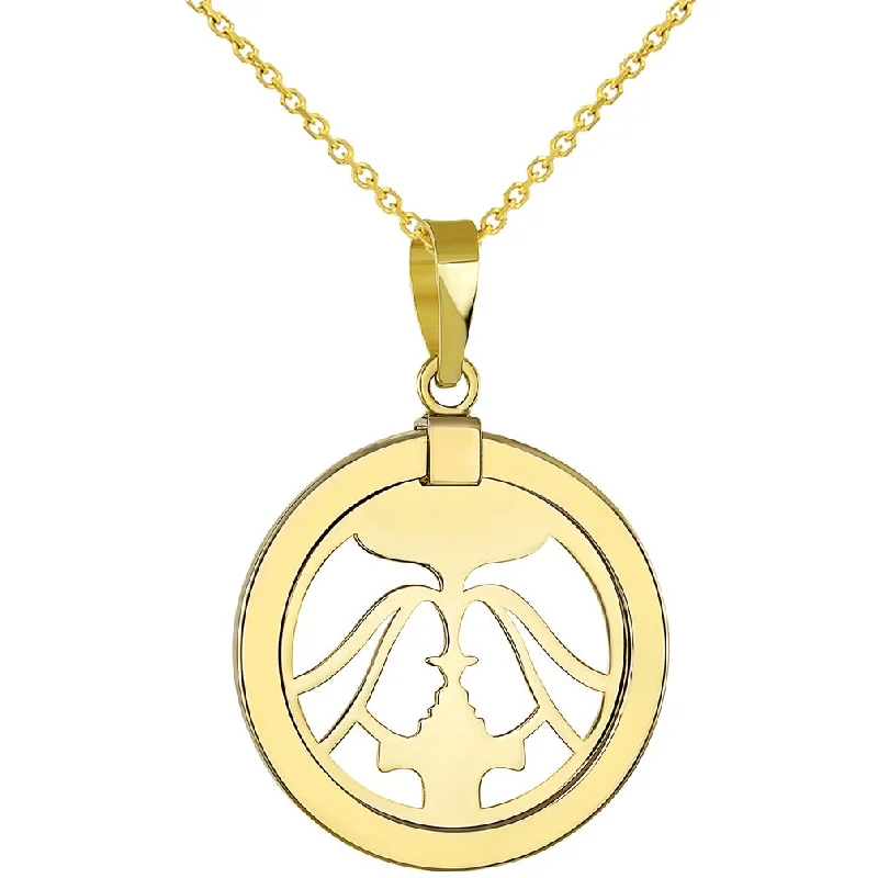 women chunky necklaces -14K Yellow Gold Reversible Round Gemini Twins Zodiac Sign Pendant With Cable, Curb or Figaro Chain Necklace