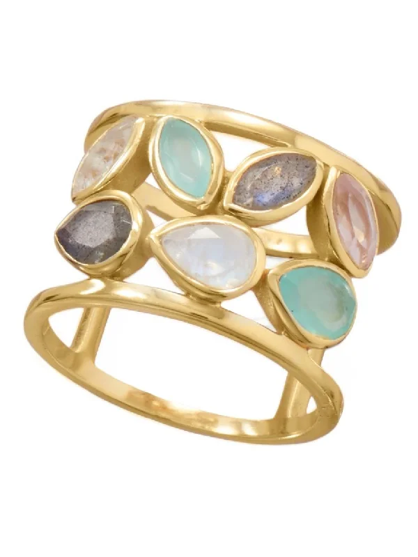 women dainty rings -Gold-plated Genuine Ring Rose Quartz, Rainbow Moonstone, Labradorite, Chalcedony