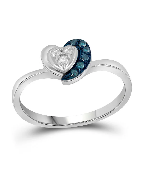 women engagement bands -Blue and White Diamond Heart Ring Rhodium on Sterling Silver Genuine Diamonds