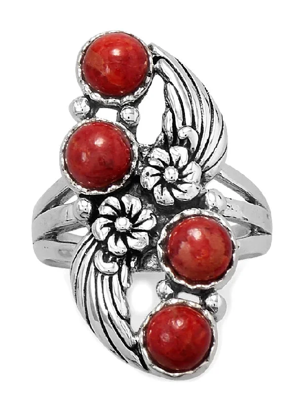 women stackable engagement rings -Dyed Red Coral Flower Design Ring Antiqued Sterling Silver