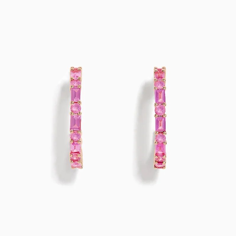 women clip-on earrings -14K Rose Gold Pink Sapphire Hoop Earrings