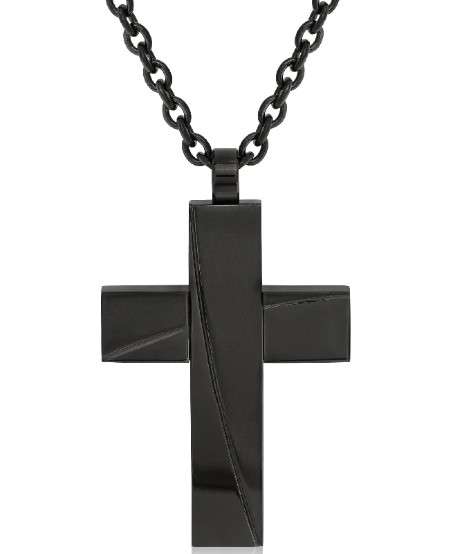 women personalized pendant necklaces -Sutton Black Stainless Steel Stripe Cross Pendant Necklace