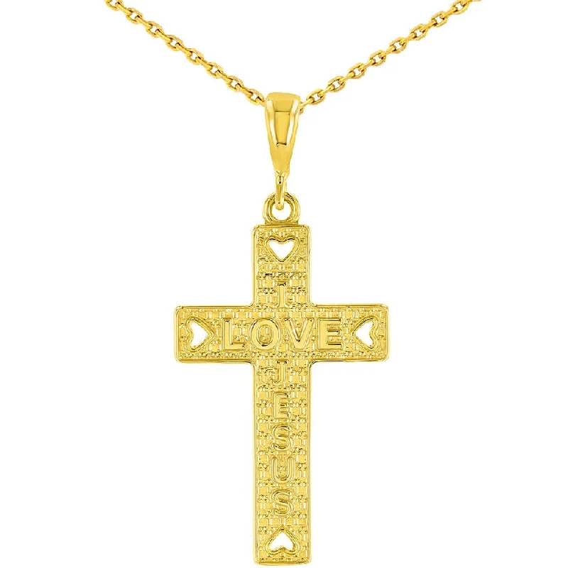 women crystal statement necklaces -14K Yellow Gold I Love Jesus Cross Charm Pendant With Cable, Curb or Figaro Chain Necklace