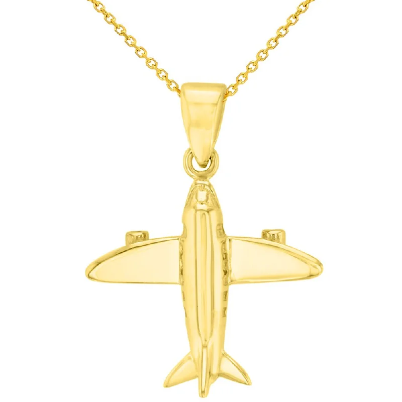 women wedding necklaces -Solid 14K Yellow Gold 3D Airplane Charm Jet Aircraft Pendant With Cable, Curb or Figaro Chain Necklace