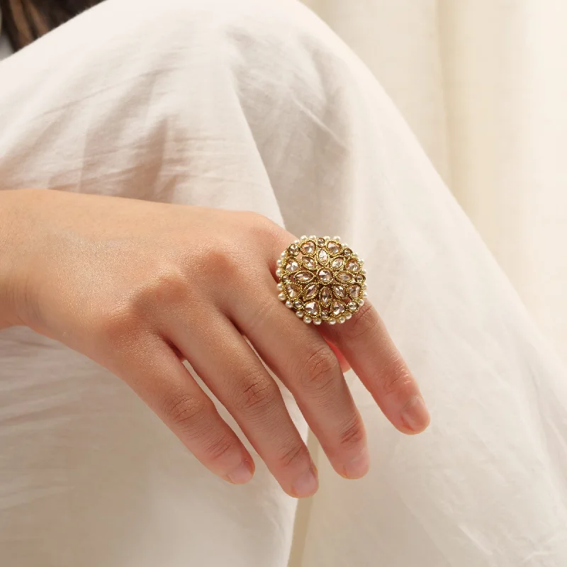 women heirloom rings -Classic Floral Oversized Ring in Pearl and Antique Gold