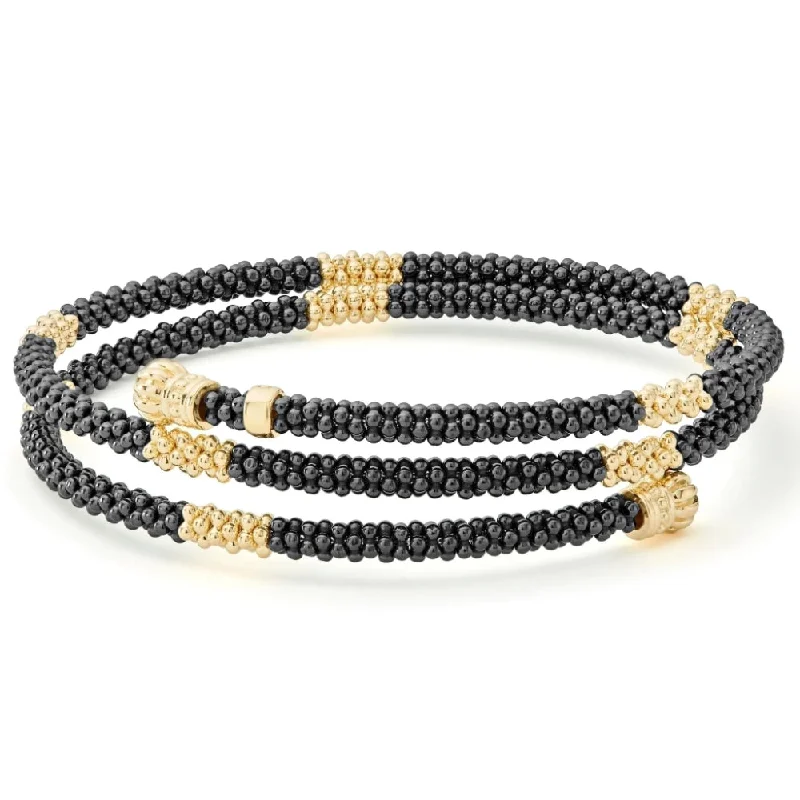 women elegant bracelets -Lagos 18k Gold Black Caviar Small Station Ceramic Wrap Bracelet, 3mm