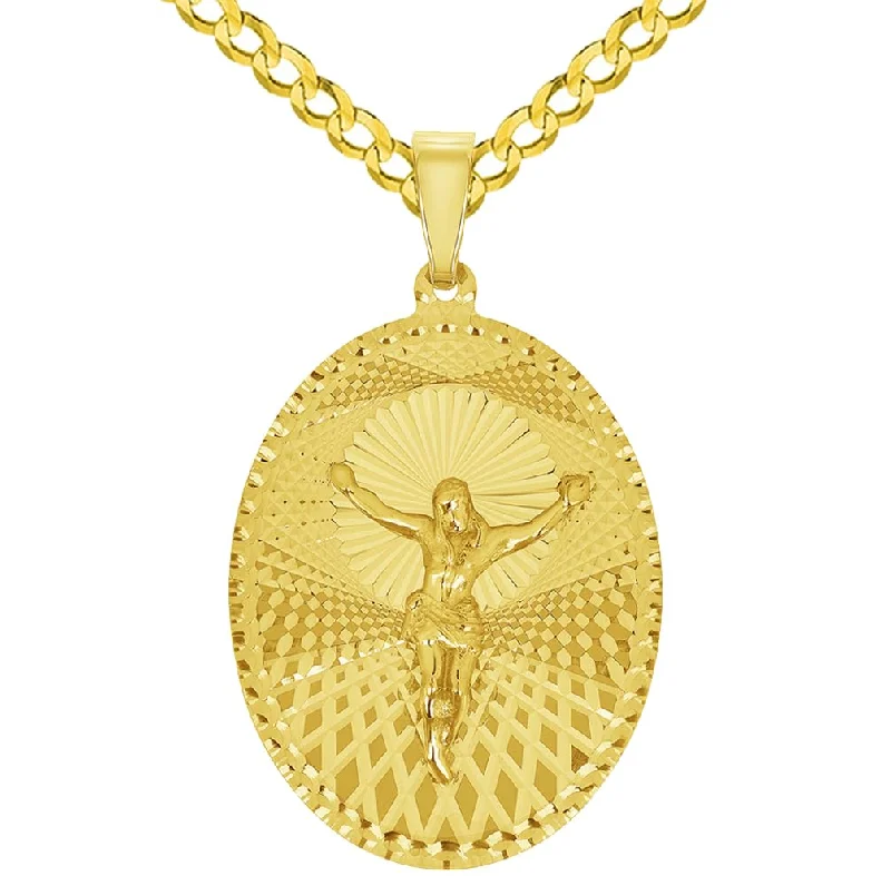 women diamond pendant necklaces -14k Yellow Gold Oval Shape Jesus Crucifix Textured Medallion Pendant with Cuban Curb Chain Necklace - 4 Sizes