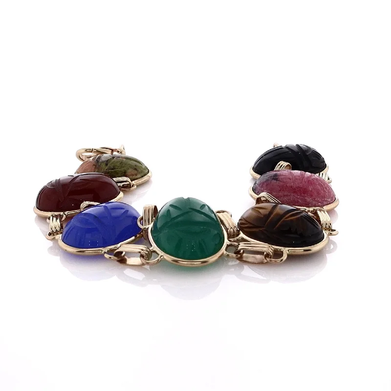 women bangle bracelets set -Estate 14 Karat Yellow Gold Onyx, Rhodonite, Tigers Eye, Chalcedony and Unakite Bracelet