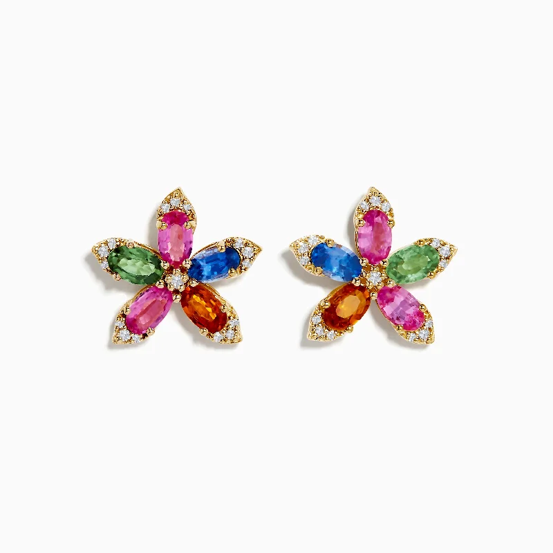 women cute earrings -Watercolors 14K Yellow Gold Multi Sapphire and Diamond Flower Earrings