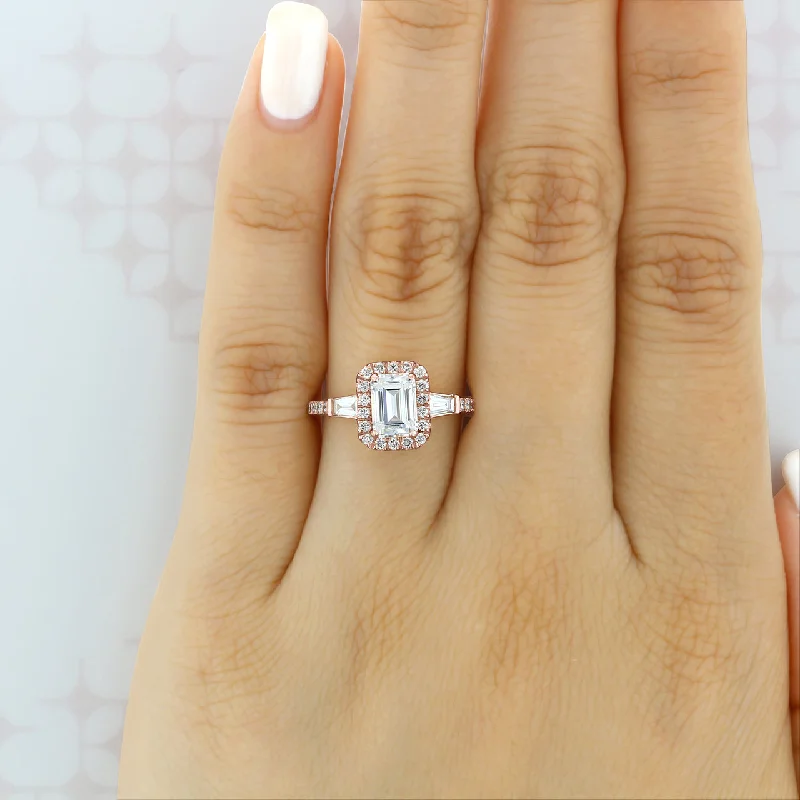 women forever engagement rings -1.60 ct Emerald cut Halo Moissanite Engagement Ring