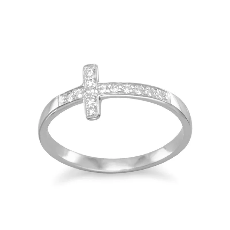 women luxury wedding rings -Sideways Cross Ring with Cubic Zirconia Rhodium on Sterling Silver, Size 4 to 11