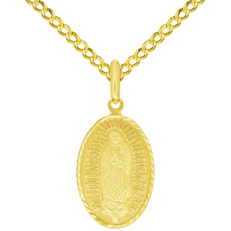 women fashion jewelry necklaces -Solid 14k Yellow Gold Our Lady of Guadalupe Oval Pendant Cuban Curb Chain Necklace - 3 Sizes