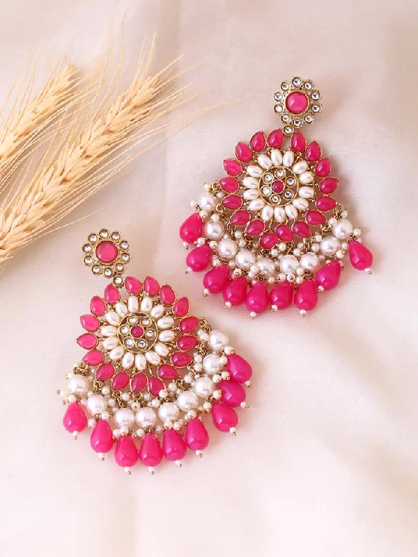 women sterling silver earrings -Pink Triguna Chaandbalis