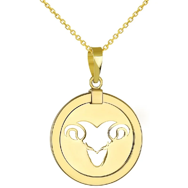 women fashion jewelry necklaces -14K Yellow Gold Reversible Round Ram Aries Zodiac Sign Pendant With Cable, Curb or Figaro Chain Necklace