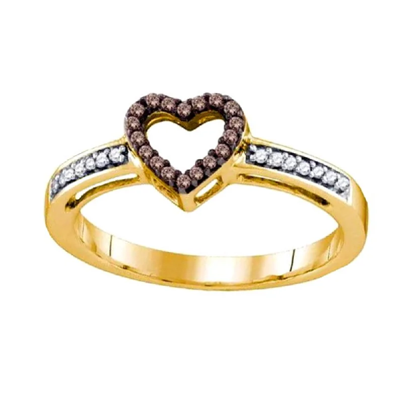 women cubic zirconia rings -10k Yellow Gold Brown Diamond Heart Ring with White Diamond Accents 32 Diamonds