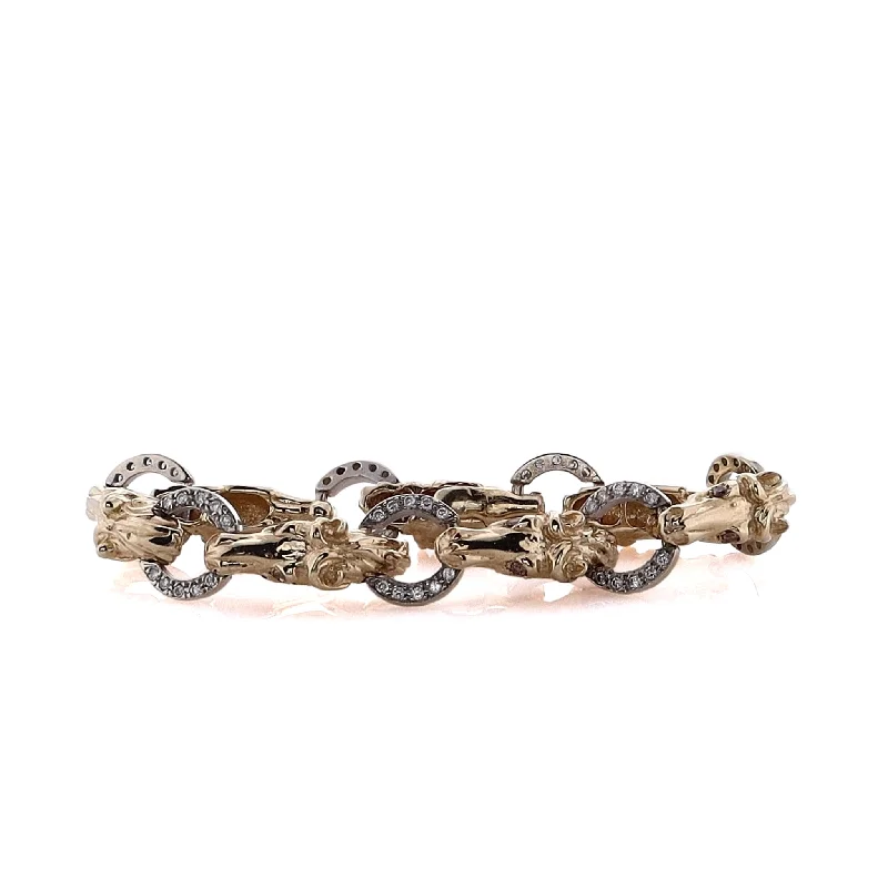 women gemstone bangles -Estate 14 Karat Two Tone Alternating Horse Head and Bit Diamond Bracelet