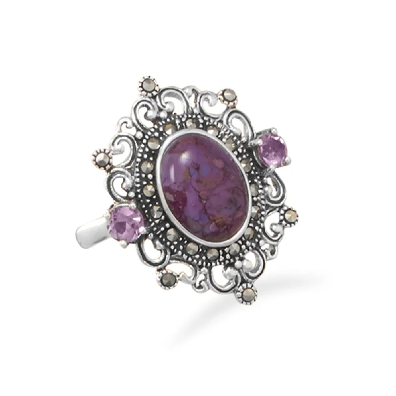 women cubic zirconia rings -Purple Reconstituted Turquoise Ring with Amethyst and Marcasite Sterling Silver