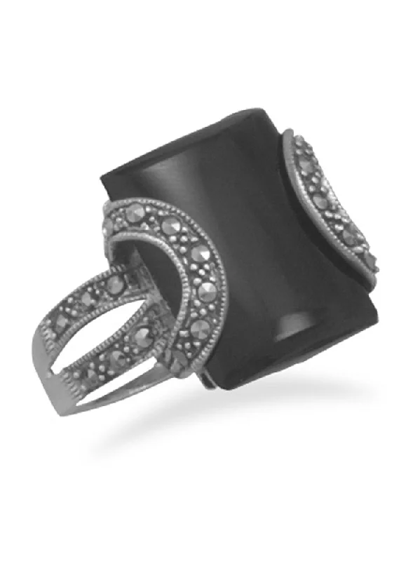 women diamond wedding rings -Black Onyx Ring with Marcasite Vintage Antique Sterling Silver