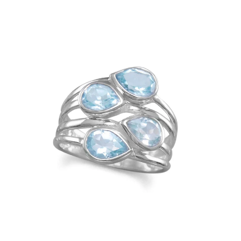 women engagement rings for women -Blue Topaz Ring Stacked Multistone Teardrop Shape Stones Sterling Silver