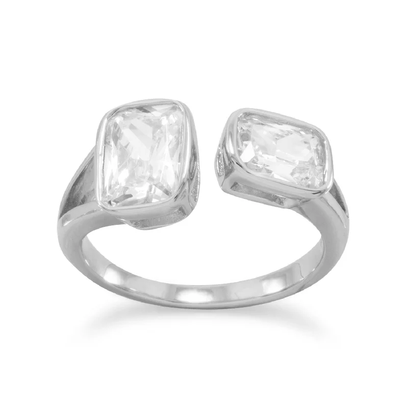 women fashionable rings -Split Two-stone Rectangle Cubic Zirconia Ring Rhodium on Sterling Silver