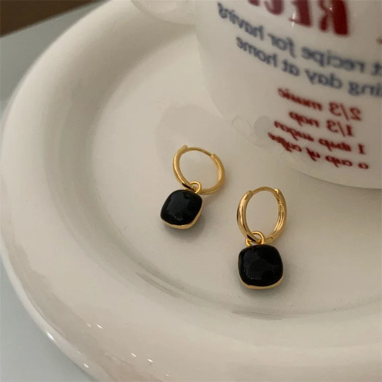 women stackable earrings -Gold Hoop Earrings with Black Charm jlt11687