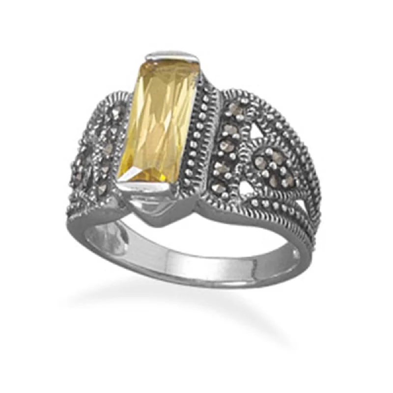 women solitaire rings -Yellow Cubic Zirconia  Antique Look Tapered Sterling Silver Bar Ring with Marcasite