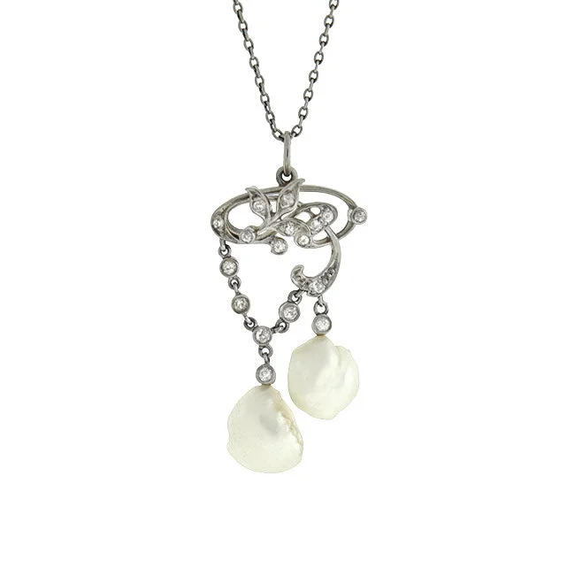 women charm necklaces -Edwardian Platinum/14kt Diamond & Pearl Lavalier Necklace