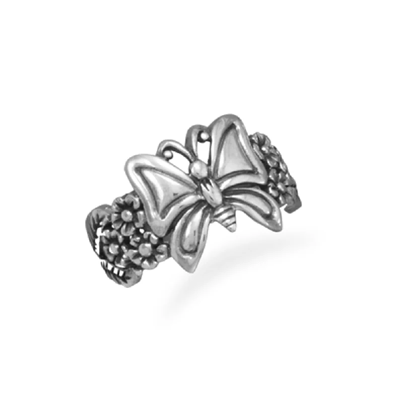 women sapphire rings -Butterfly Ring with Flowers Band Antiqued Sterling Silver