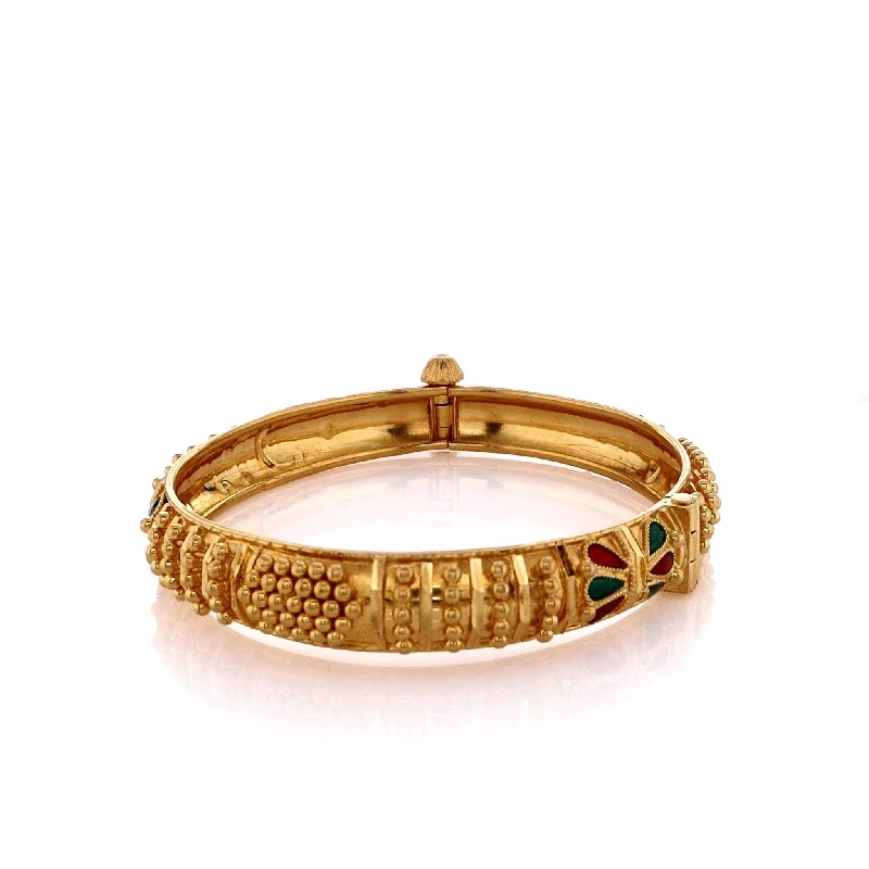 women gemstone bangles -Estate 22k Yellow Gold Beaded Design Red/Green Tear Drop Enamel Hinged Bangle Bracelet