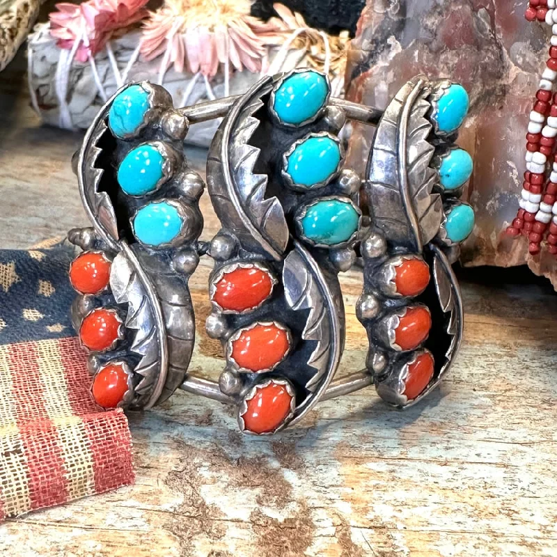 women pearl bangles -Vintage Zuni Sterling Silver Turquoise Coral Bracelet Miriam Chuyate