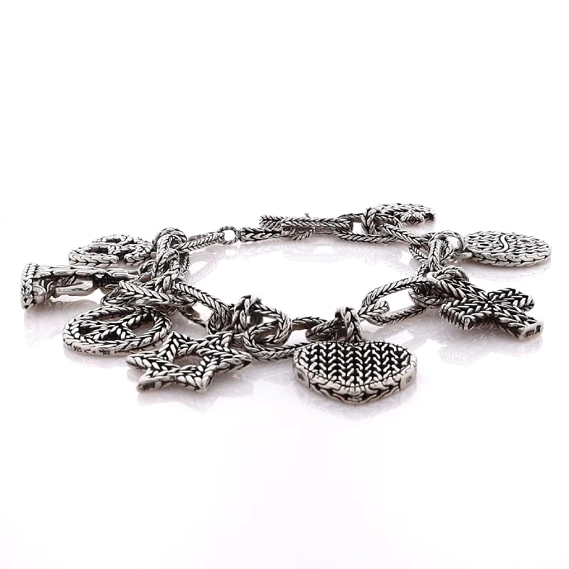 women layered bangles -Estate John Hardy Sterling Silver Carved Chain Multi-Charm Bracelet