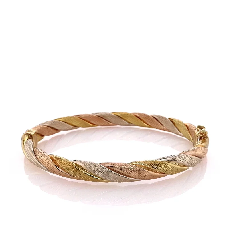 women gold tennis bracelets -Estate 14k Tri-Tone Textured Twist Design Hinged Bangle Bracelet