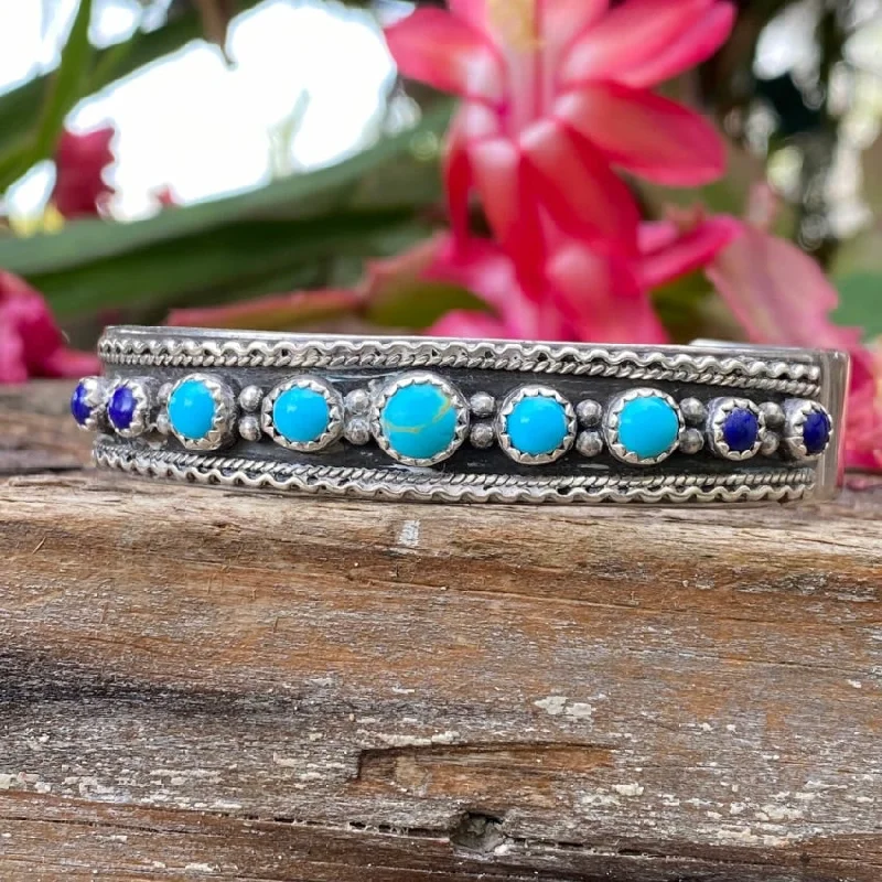 women vintage bangles -Turquoise Lapis Row Bracelet Sterling Silver Navajo Running Bear