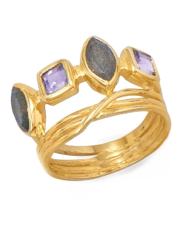 women wedding bands for women -Labradorite Ring Marquise Square Purple Glass 14k Gold-plated Sterling Silver