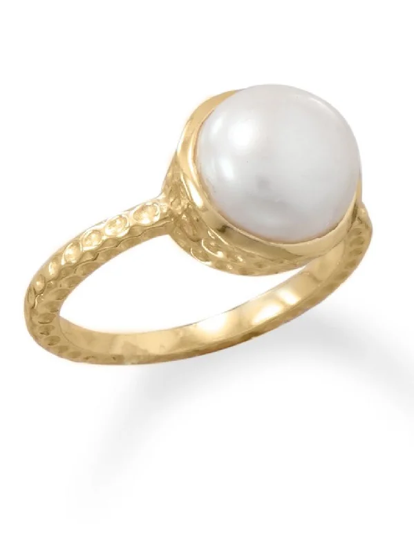 women heart-shaped rings -Gold-plated 9.5-10mm White Cultured Freshwater Pearl Ring Hammered Band