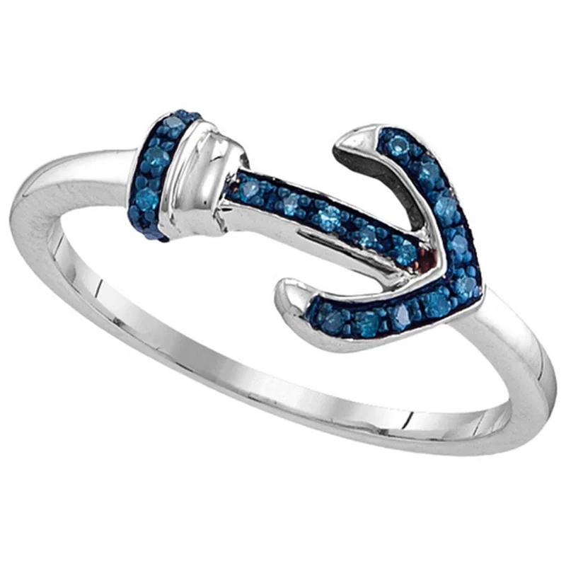 women moonstone rings -Anchor Ring with Genuine Blue Diamonds 1/20 CTW Rhodium on Sterling Silver 19 Diamonds, 5