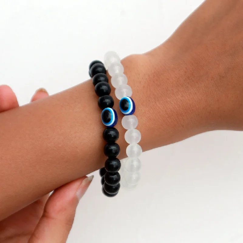 women adjustable bangles -Set of 2 Evil Eye with Black & White Beaded Bracelets