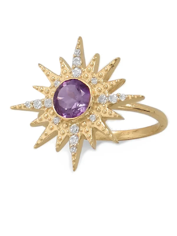 women large cocktail rings -Amethyst Ring Star Sun Burst 14k Gold-plated Sterling Silver with Cubic Zirconia