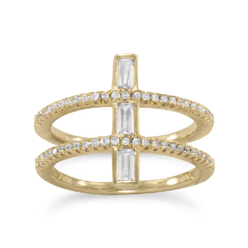 women fashion-forward rings -Double Band Cubic Zirconia Ring Gold-Plate on Sterling Silver with Cross