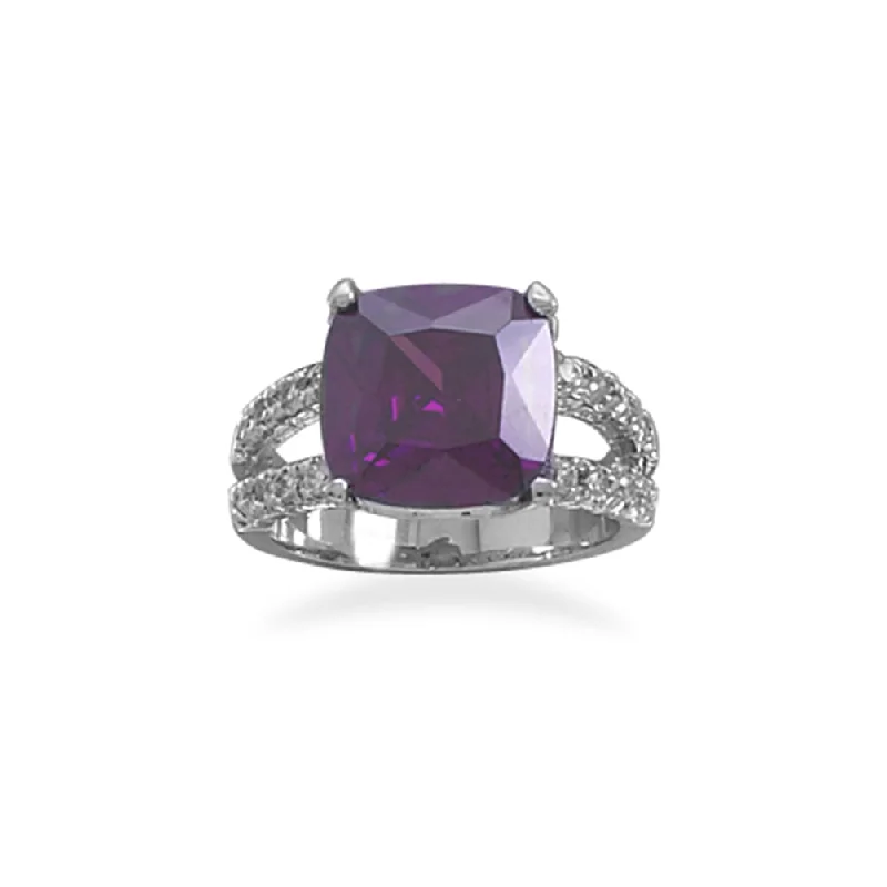 women heart-shaped engagement rings -Purple Cubic Zirconia Ring Soft Square with Split Band Rhodium Plated Sterling Silver