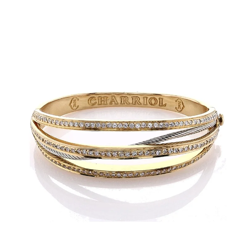 women affordable bracelets -Estate Charriol 18k Yellow Gold Multi Row Diamond Hinged Bangle Bracelet