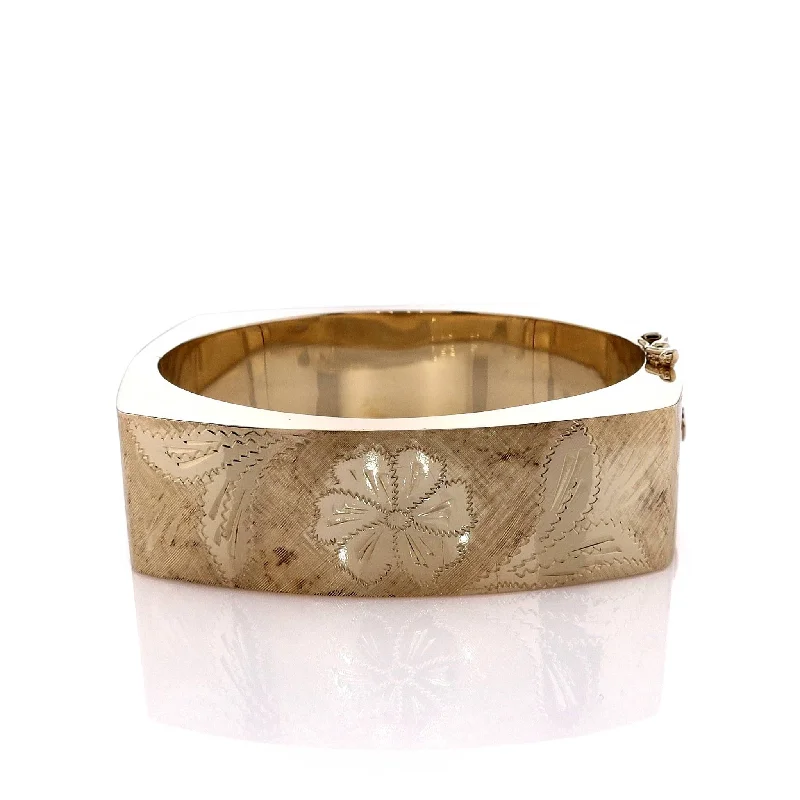 women silver bangles -Estate 14k Yellow Gold Florentine Engraved Flower Design Wide Bangle Bracelet