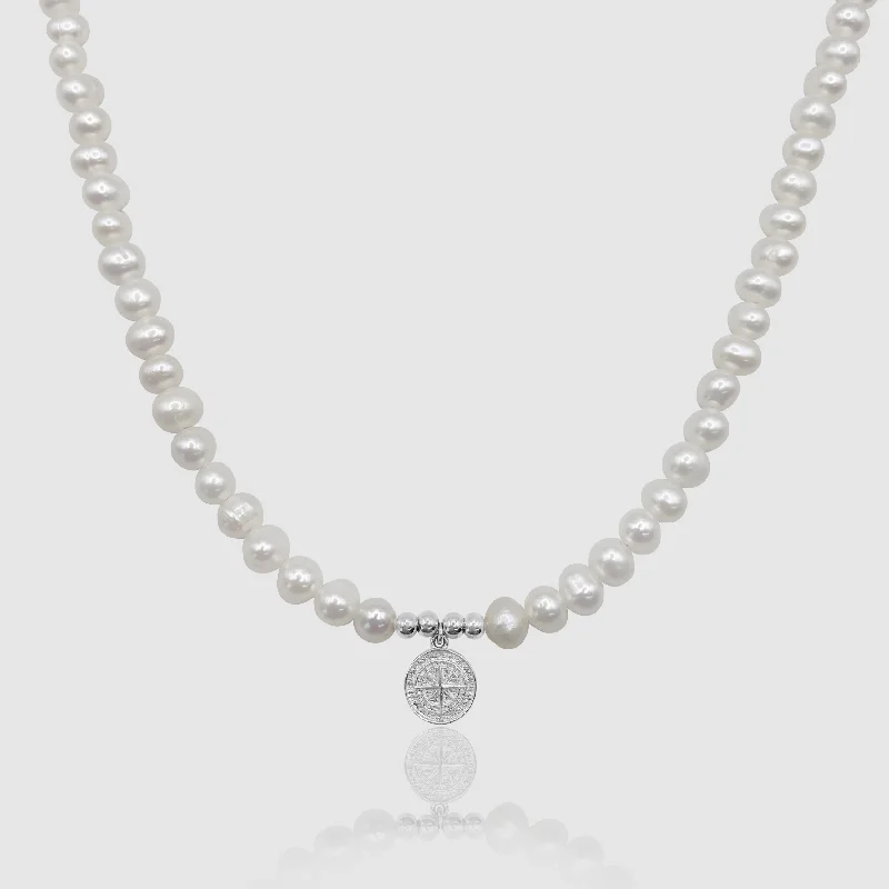 women gold plated necklaces -Compass Real Pearl Necklace (Silver)